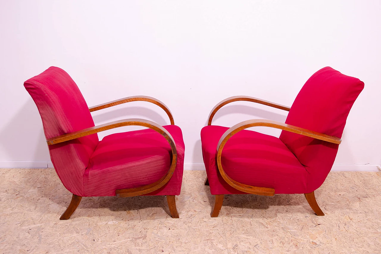 Pair of bent wood and red fabric armchairs by Jindřich Halabala for UP Závody, 1950s 9