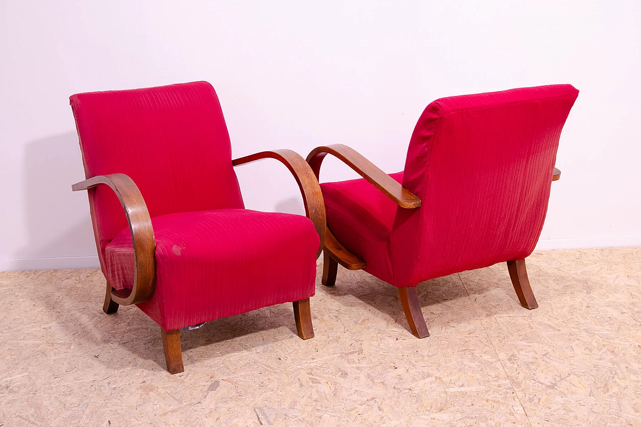 Pair of bent wood and red fabric armchairs by Jindřich Halabala for UP Závody, 1950s 10