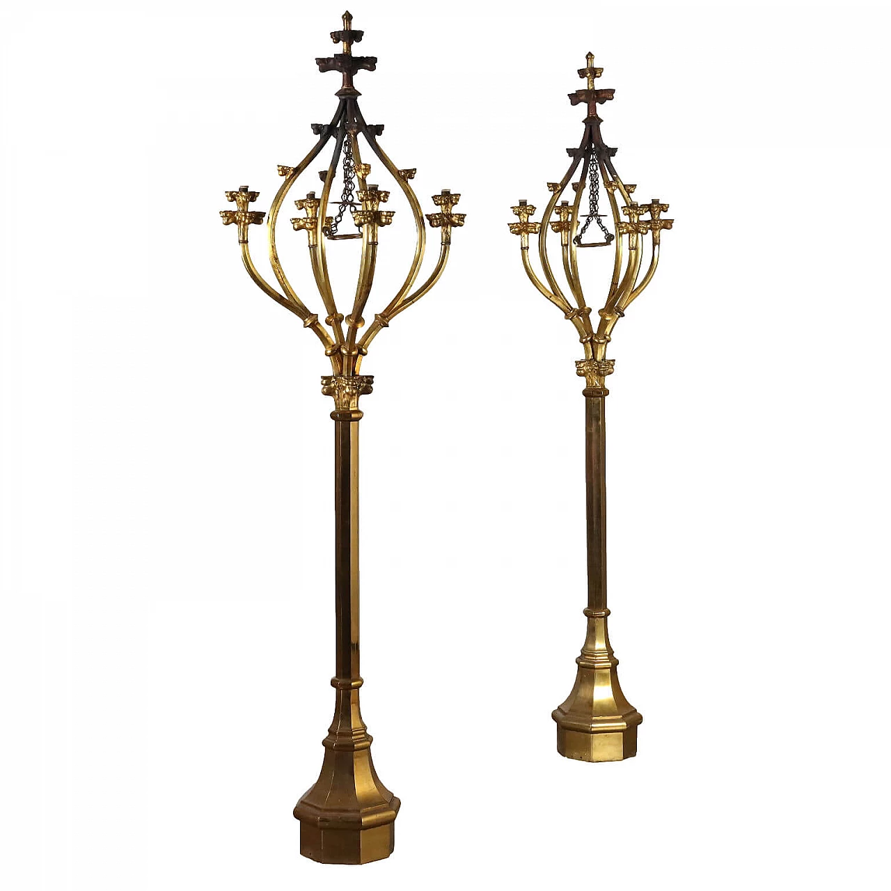 Coppia di lampade da terra a quattro luci in bronzo dorato, inizio '900 1