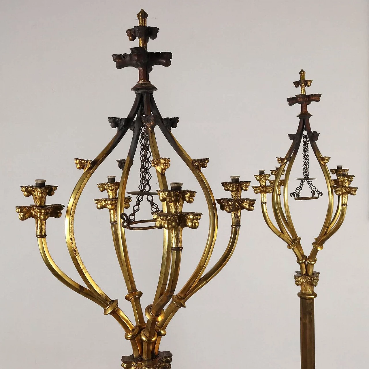 Coppia di lampade da terra a quattro luci in bronzo dorato, inizio '900 3