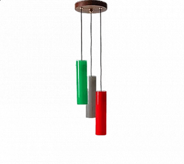 Lampada da soffitto in ottone e vetro rosso, grigio e verde, anni '50