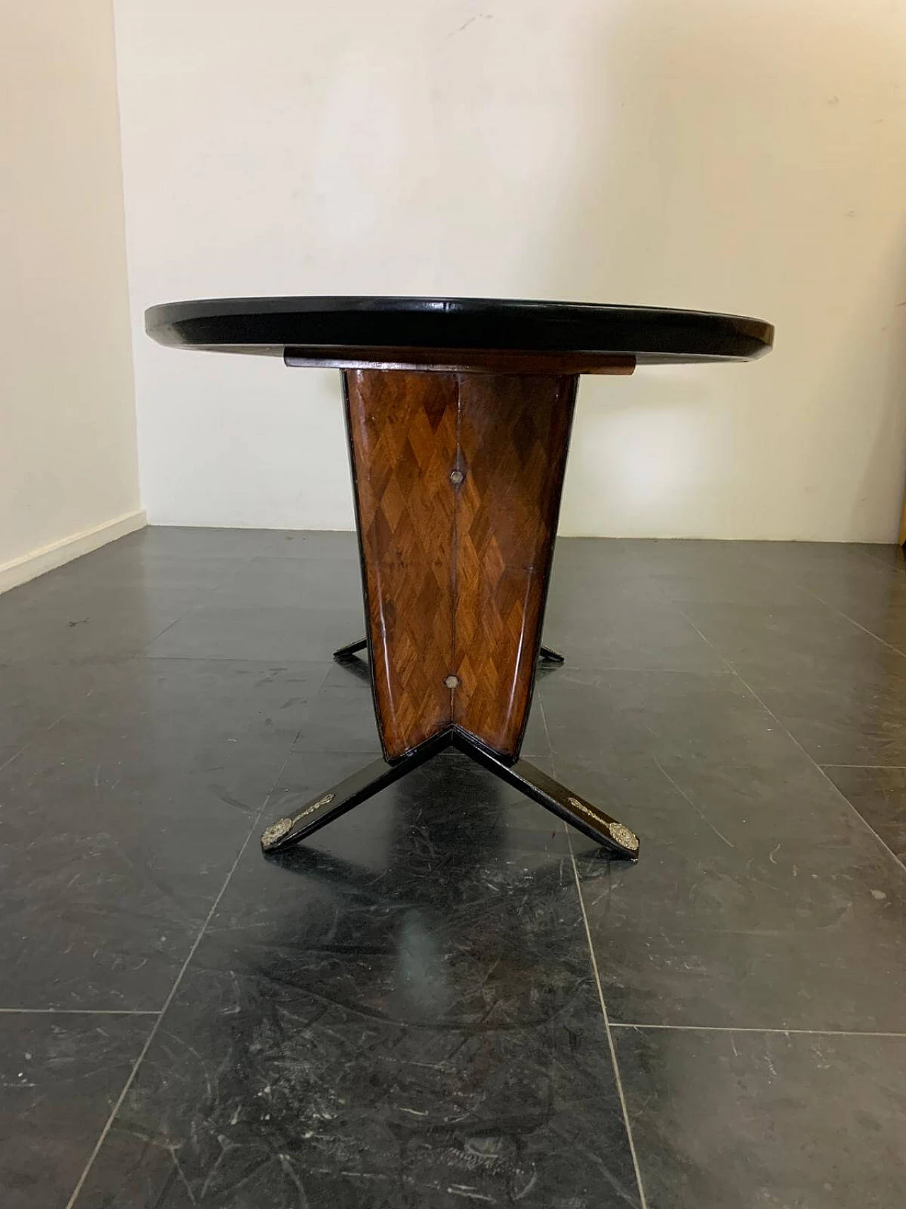 Oval ebonized wood, mahogany and black glass table, 1950s 5