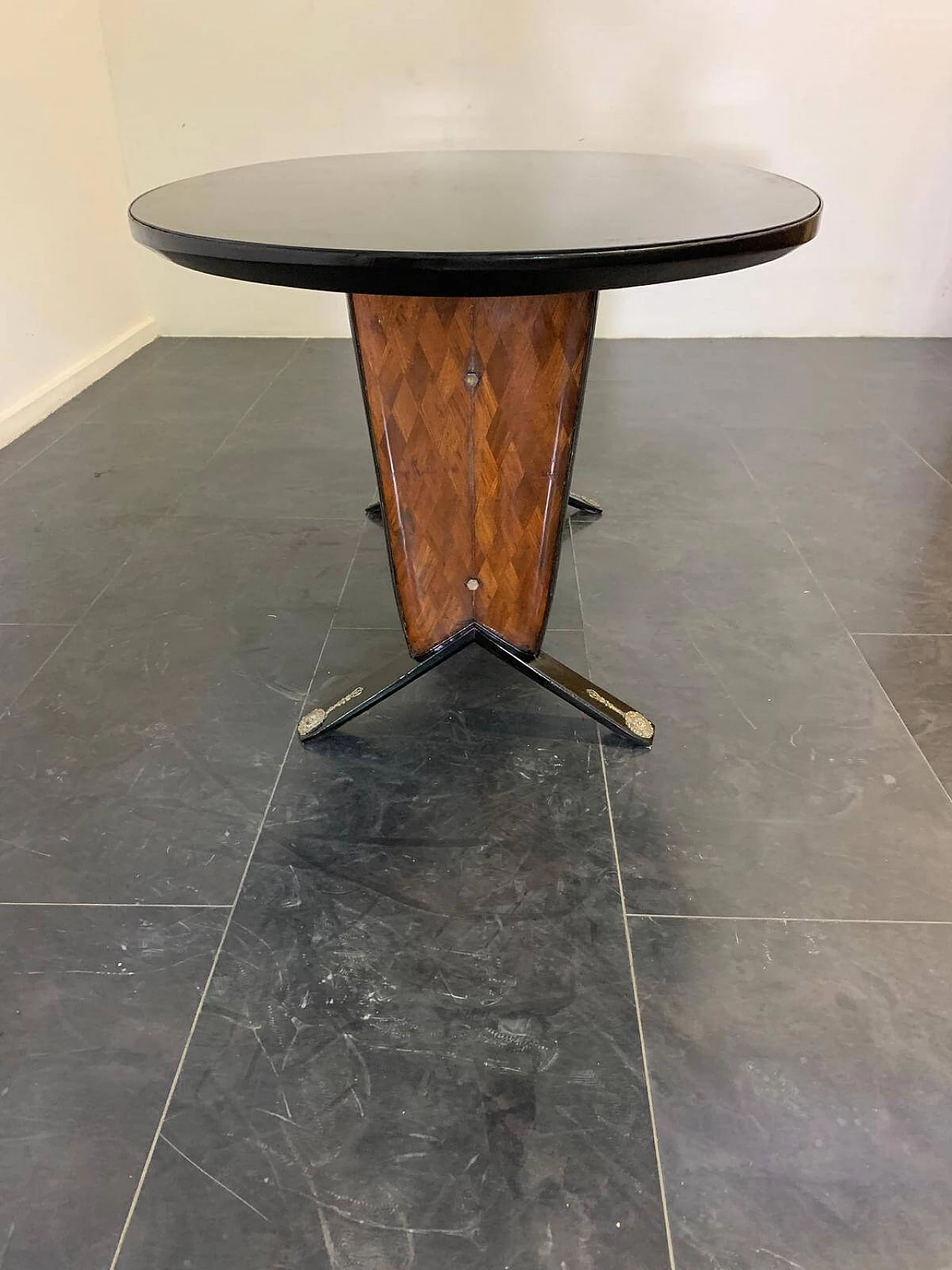 Oval ebonized wood, mahogany and black glass table, 1950s 6