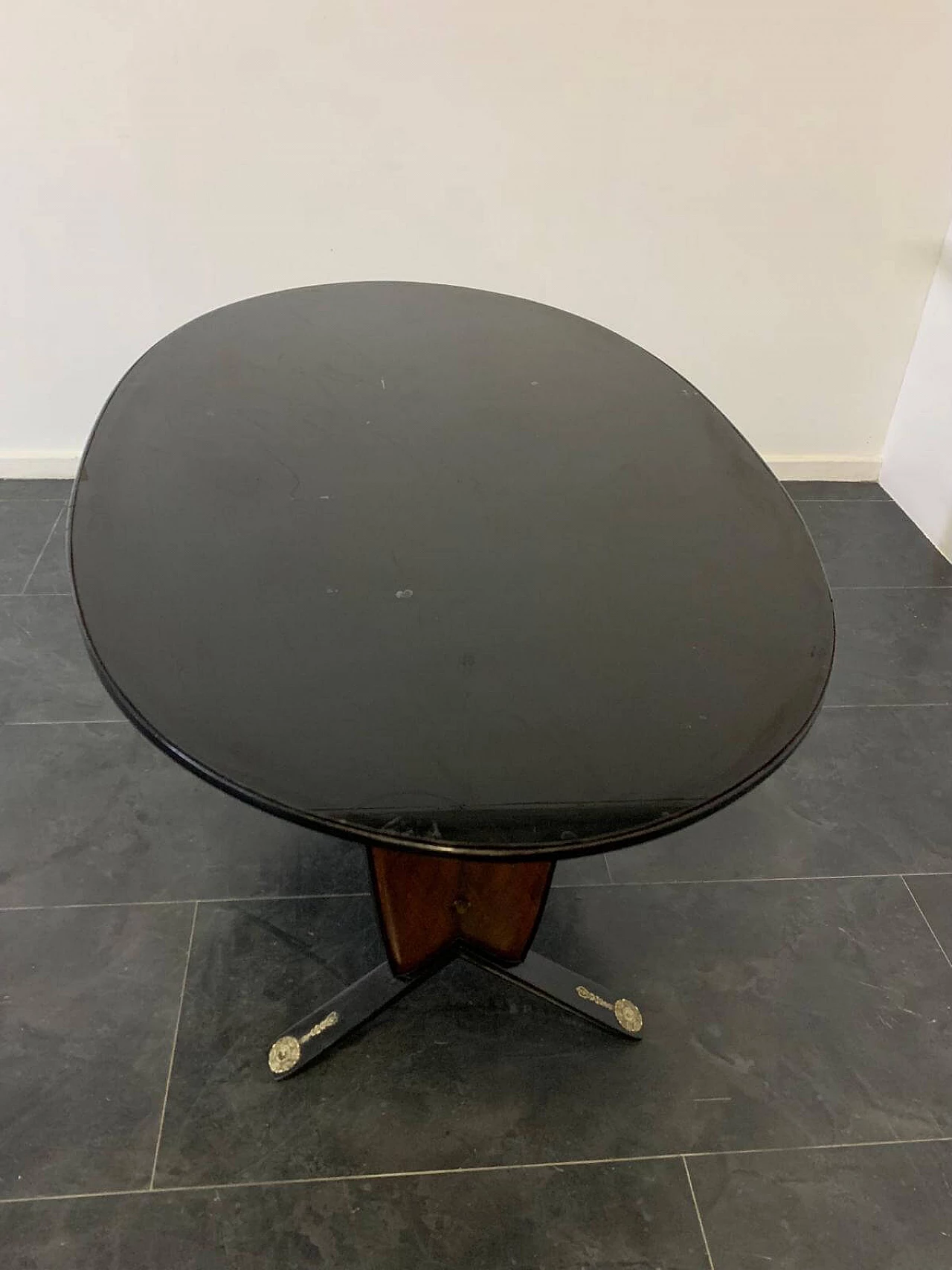 Oval ebonized wood, mahogany and black glass table, 1950s 8