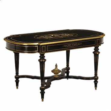 Desk in ebonised wood with bakelite, brass and mother-of-pearl inlays in Napoleon III style, early 20th century