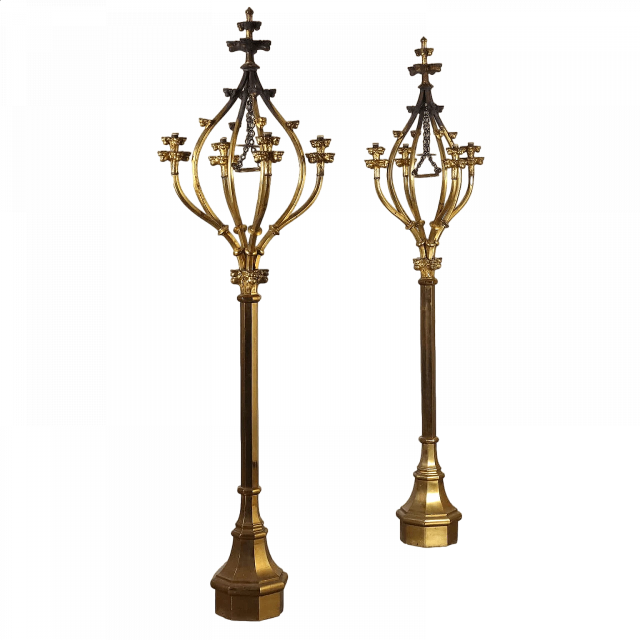 Coppia di lampade da terra a quattro luci in bronzo dorato, inizio '900 11