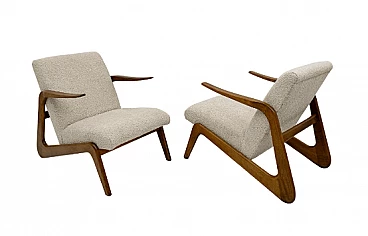 Pair of beech and beige bouclé fabric armchairs, 1970s