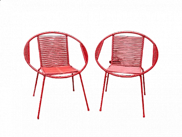 Pair of red children's chairs in iron and plastic, 1950s