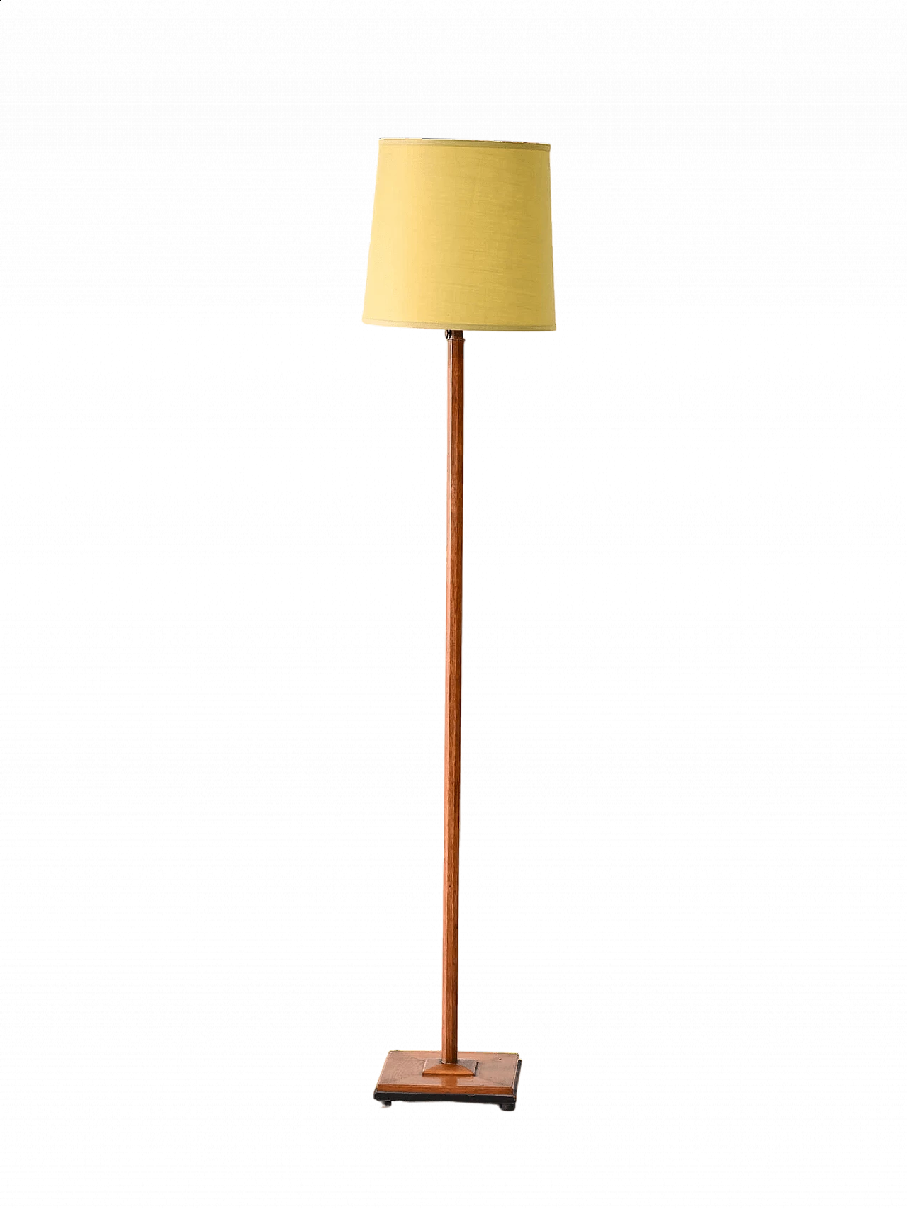 Lampada da terra scandinava in teak con paralume in tessuto giallo, anni '50 11