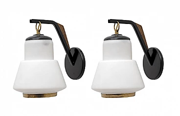 Pair of glass, wood and metal wall lights in the style of Stilnovo, 1950s