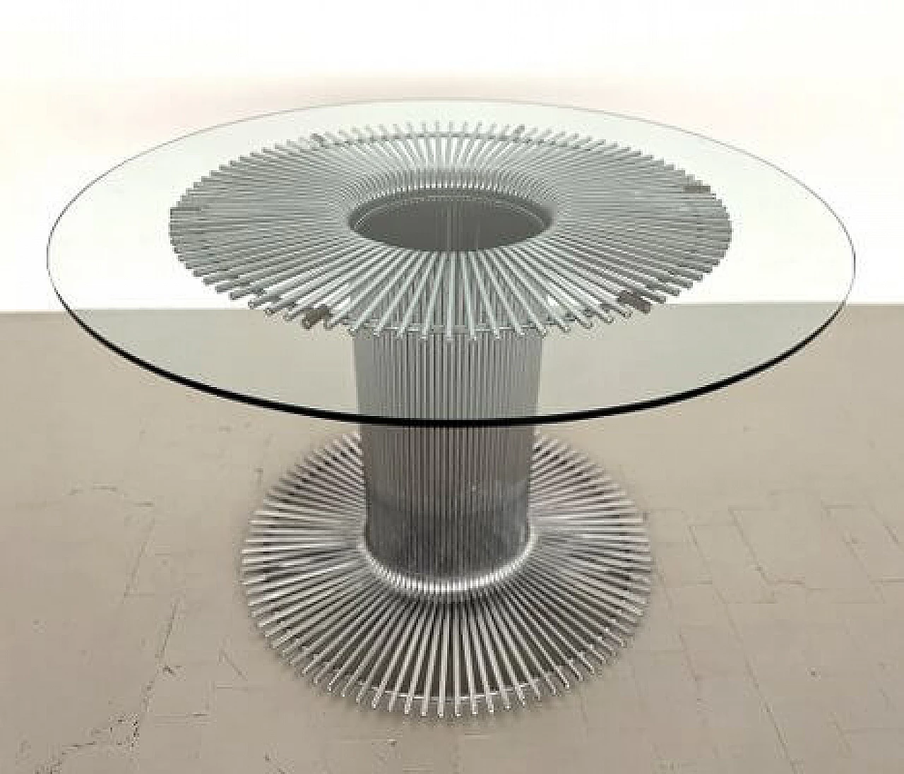 Glass table with chrome-plated metal pedestal in the style of Verner Panton, 1970s 3