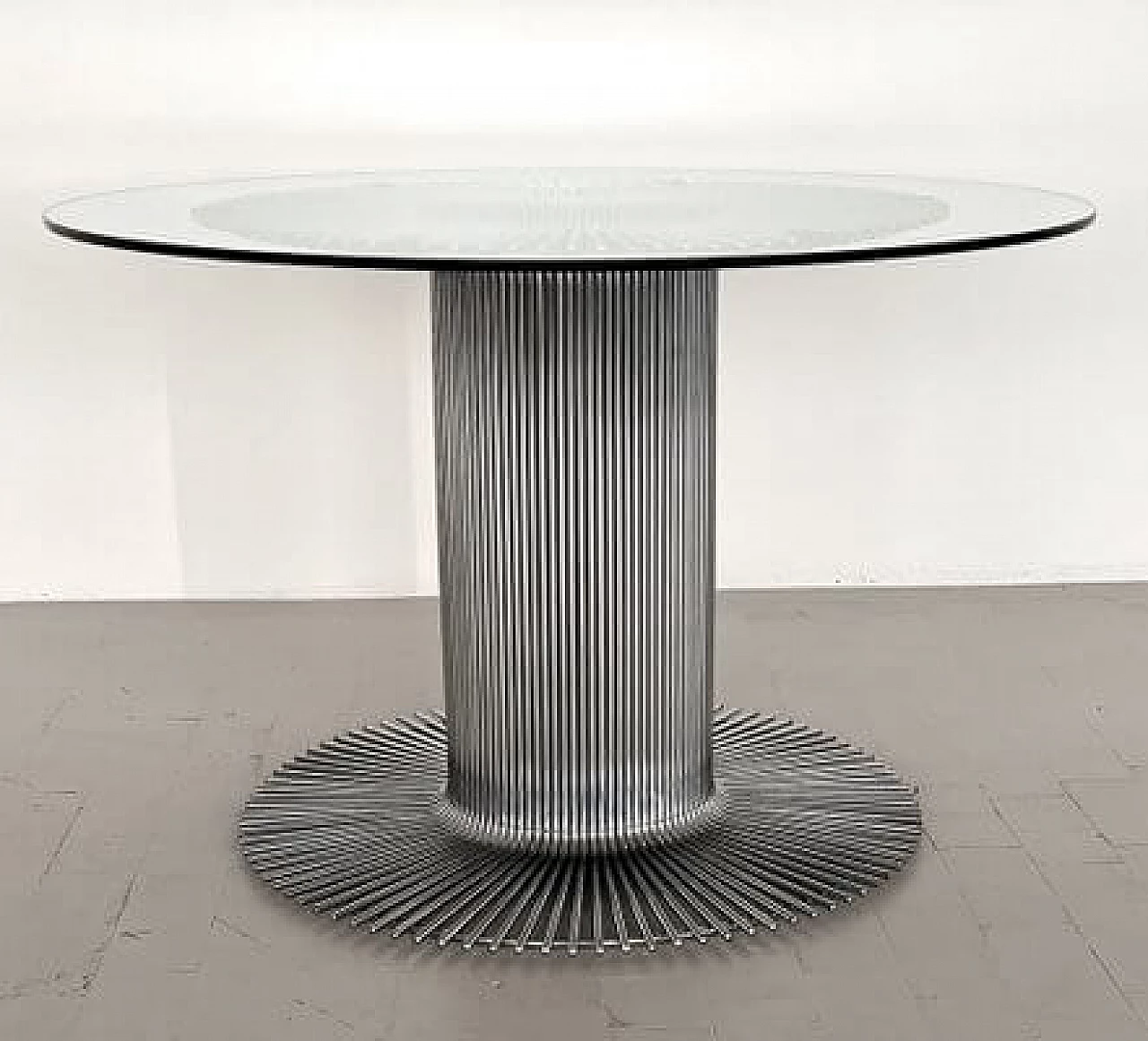 Glass table with chrome-plated metal pedestal in the style of Verner Panton, 1970s 11