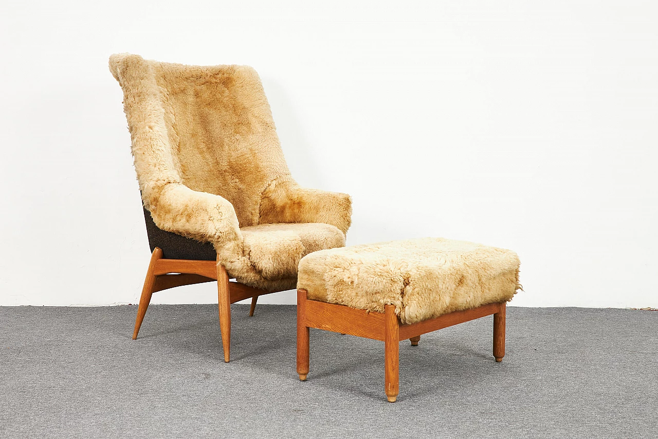 Sheepskin and oak armchair and pouf by Júlia Gaubek, 1969 1
