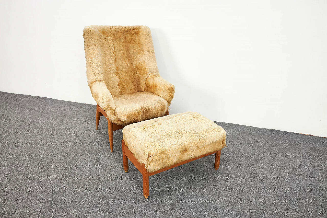 Sheepskin and oak armchair and pouf by Júlia Gaubek, 1969 3