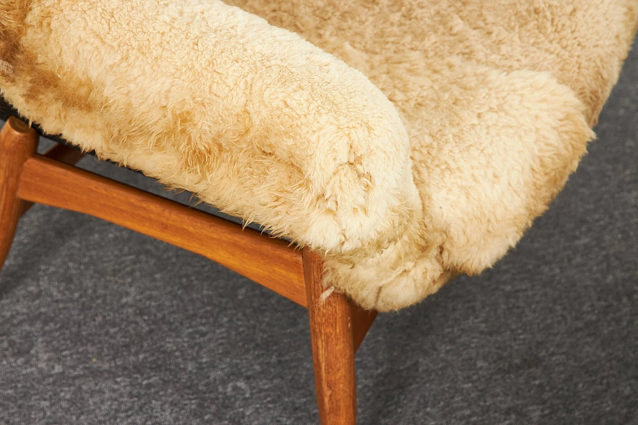 Sheepskin and oak armchair and pouf by Júlia Gaubek, 1969 4
