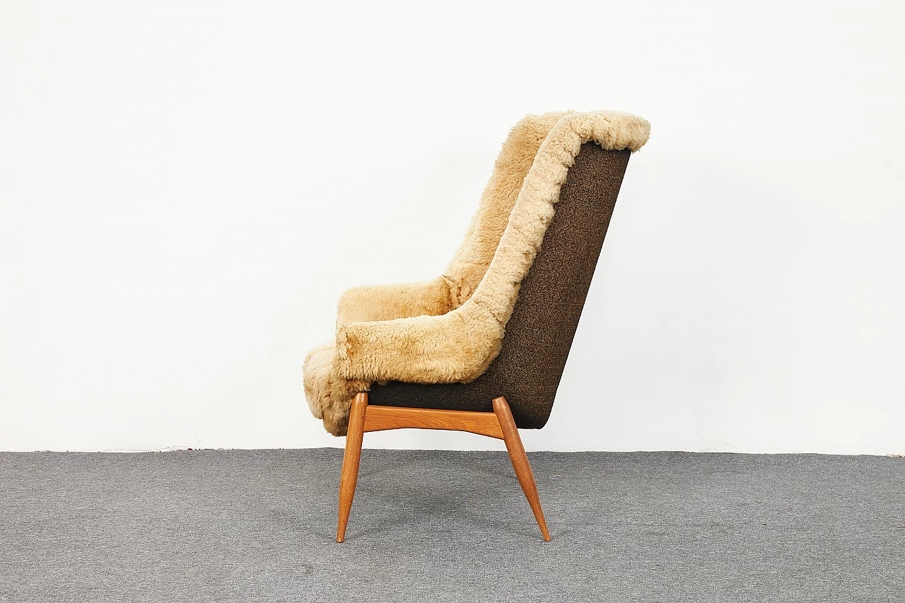 Sheepskin and oak armchair and pouf by Júlia Gaubek, 1969 5