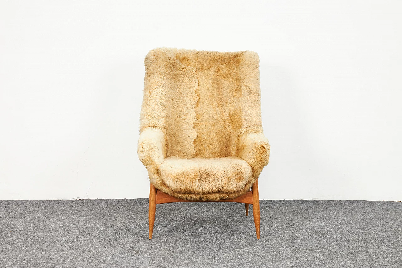 Sheepskin and oak armchair and pouf by Júlia Gaubek, 1969 6