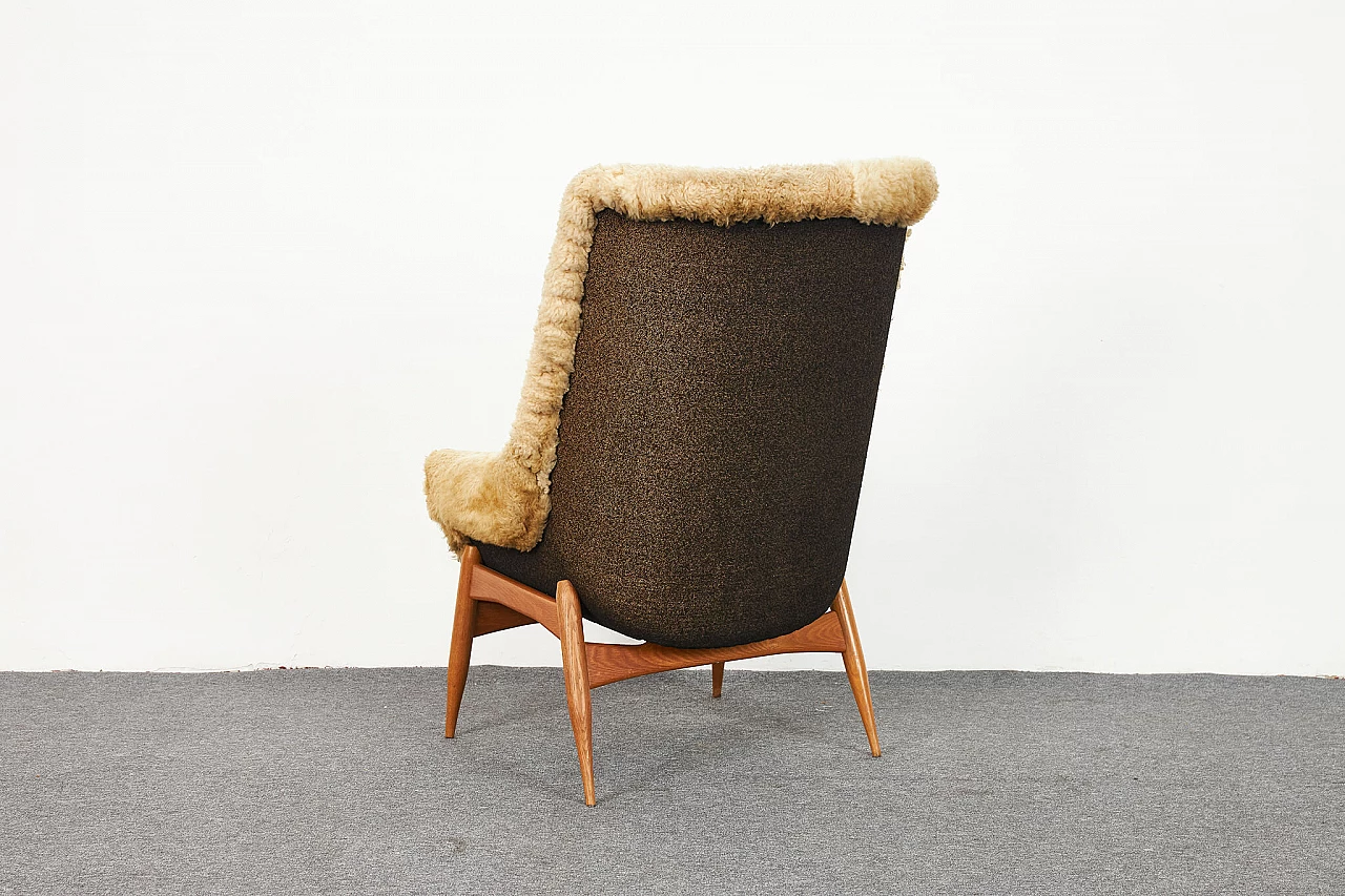 Sheepskin and oak armchair and pouf by Júlia Gaubek, 1969 7