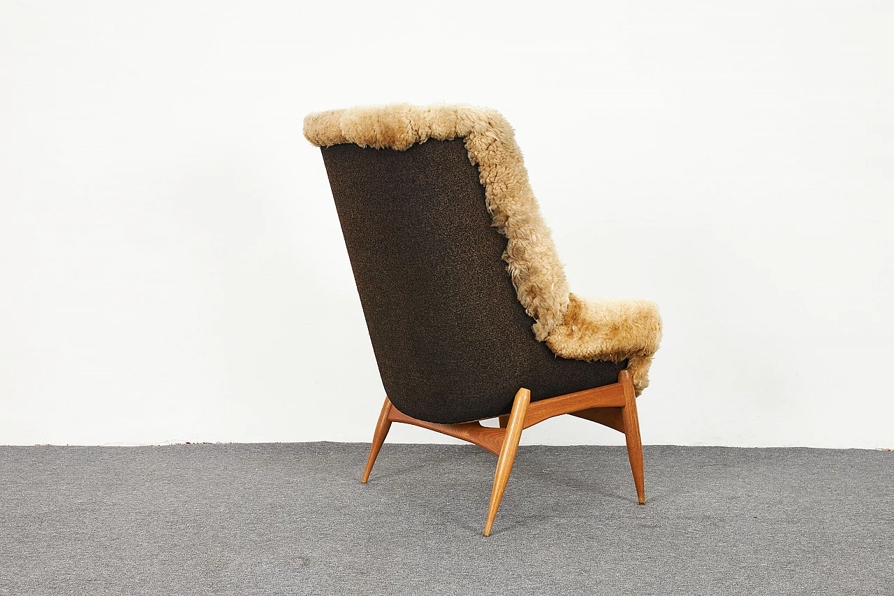 Sheepskin and oak armchair and pouf by Júlia Gaubek, 1969 8