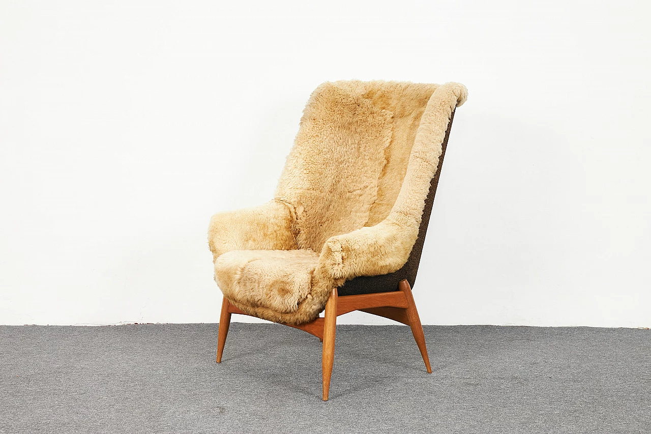 Sheepskin and oak armchair and pouf by Júlia Gaubek, 1969 9