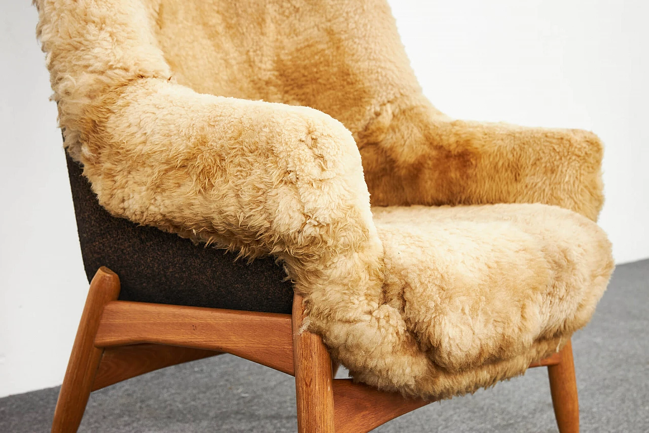 Sheepskin and oak armchair and pouf by Júlia Gaubek, 1969 13