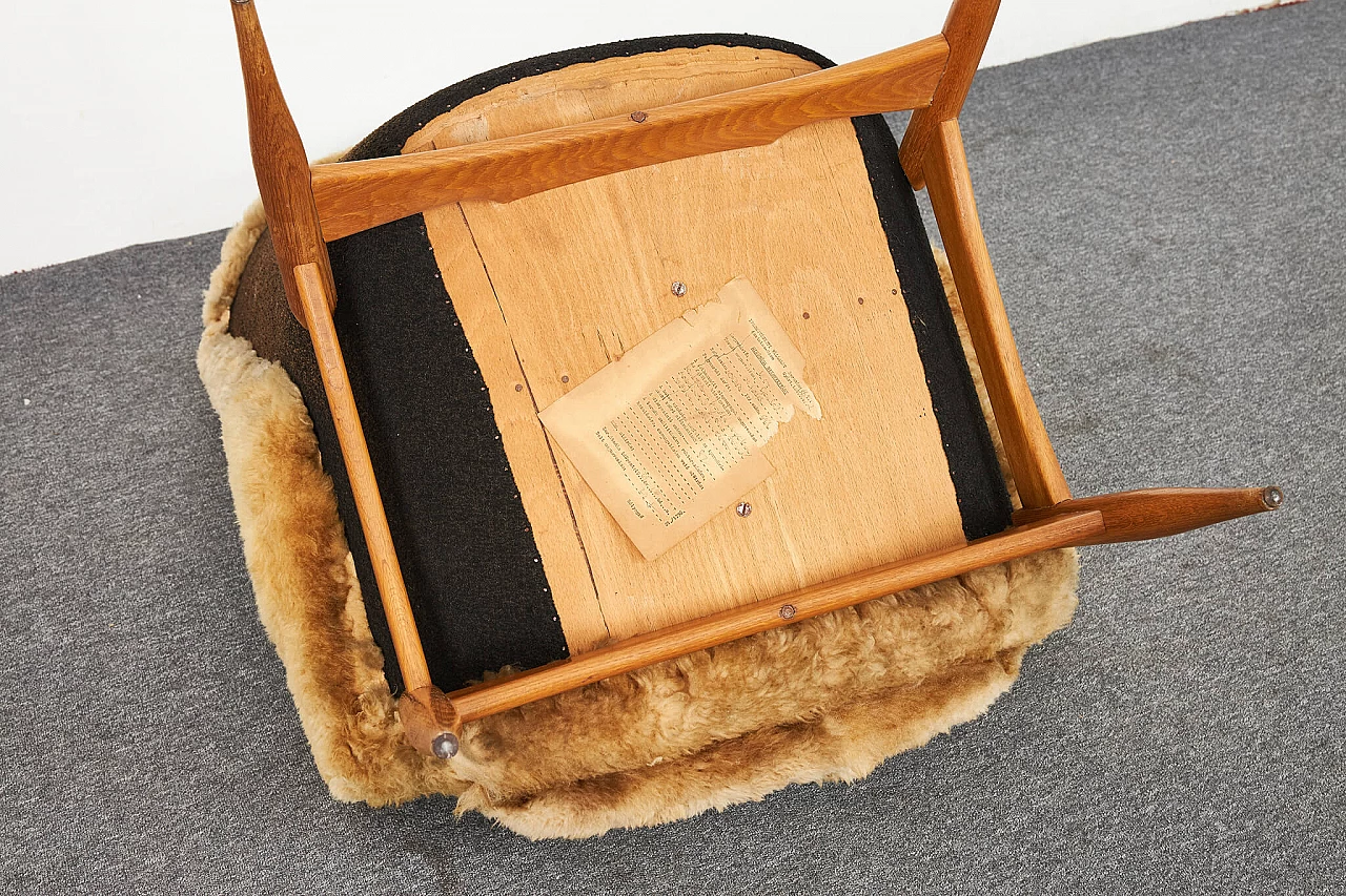 Sheepskin and oak armchair and pouf by Júlia Gaubek, 1969 14