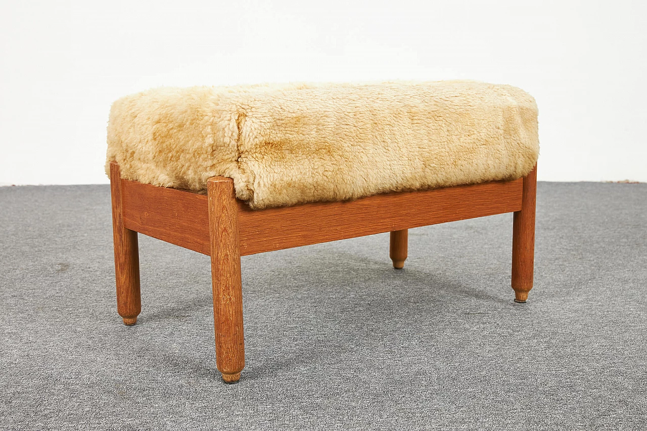 Sheepskin and oak armchair and pouf by Júlia Gaubek, 1969 15