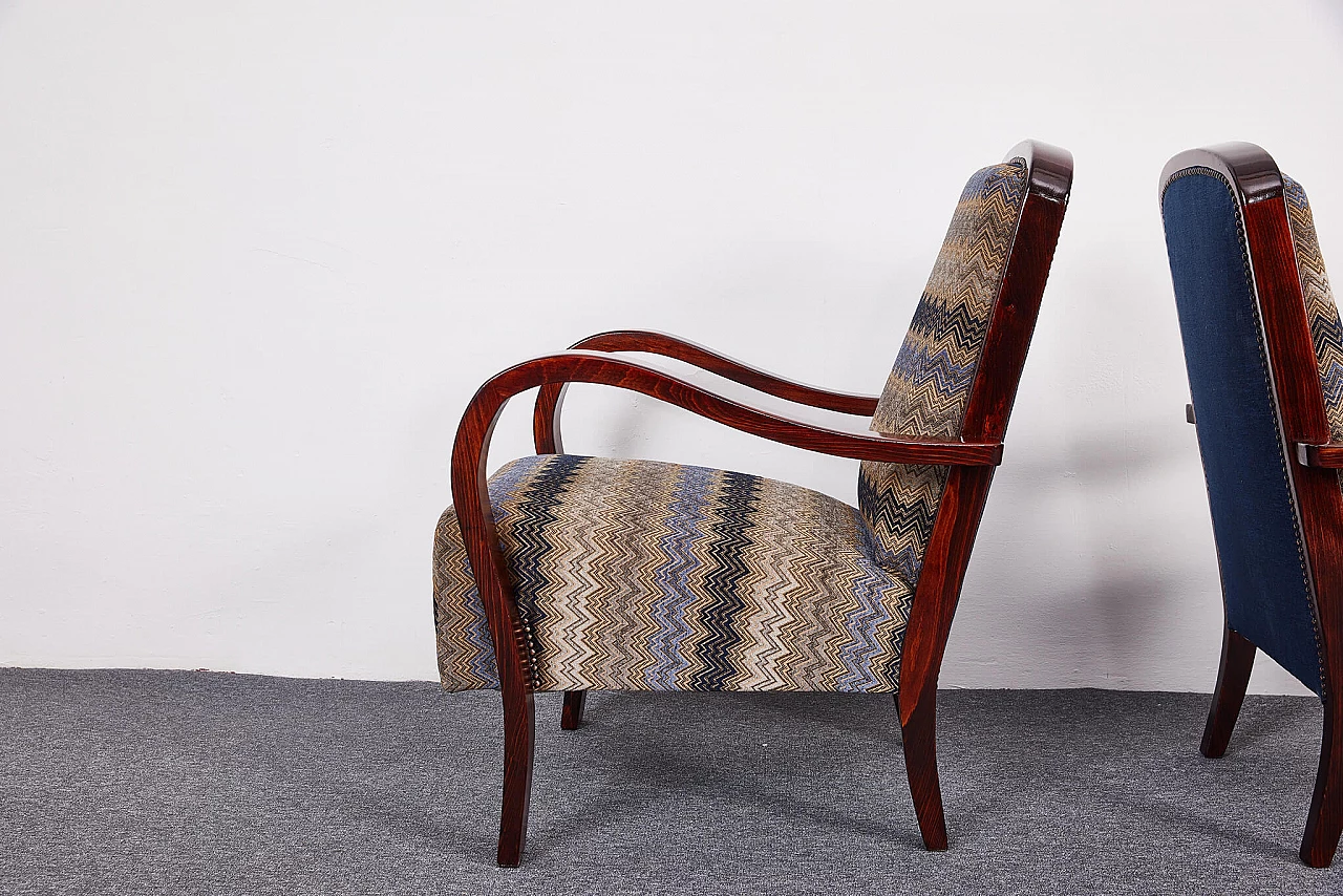 Pair of American walnut and fabric armchairs by Gyula Kaesz, 1930s 4