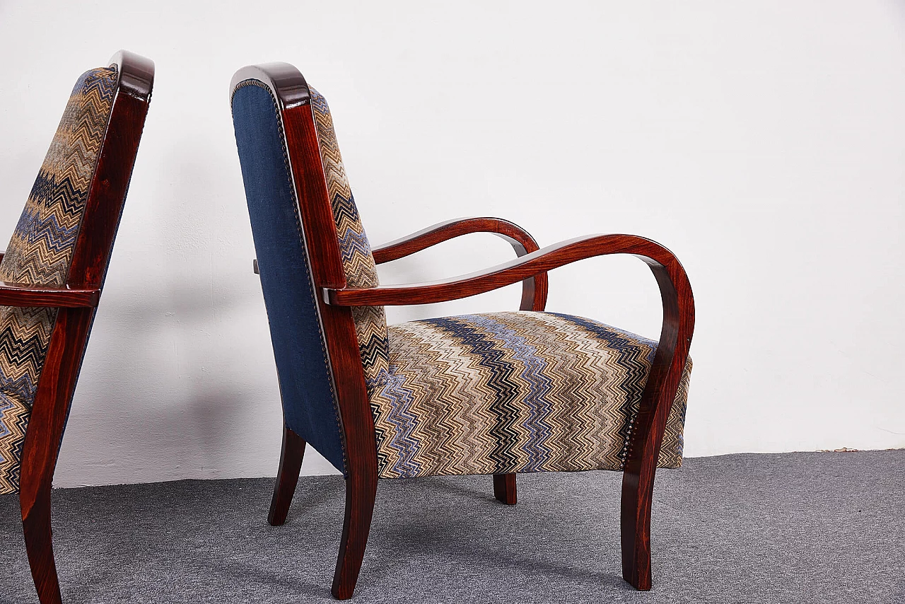 Pair of American walnut and fabric armchairs by Gyula Kaesz, 1930s 5