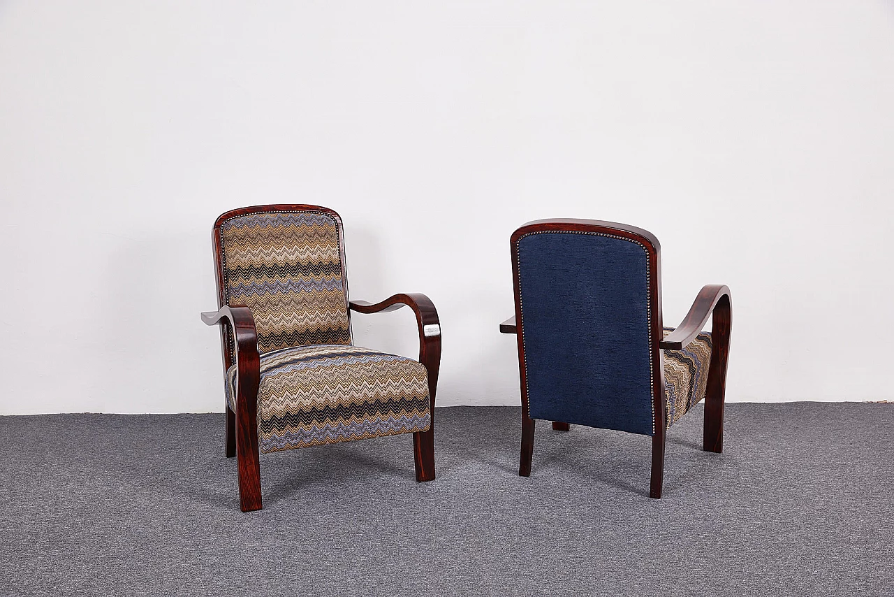 Pair of American walnut and fabric armchairs by Gyula Kaesz, 1930s 11