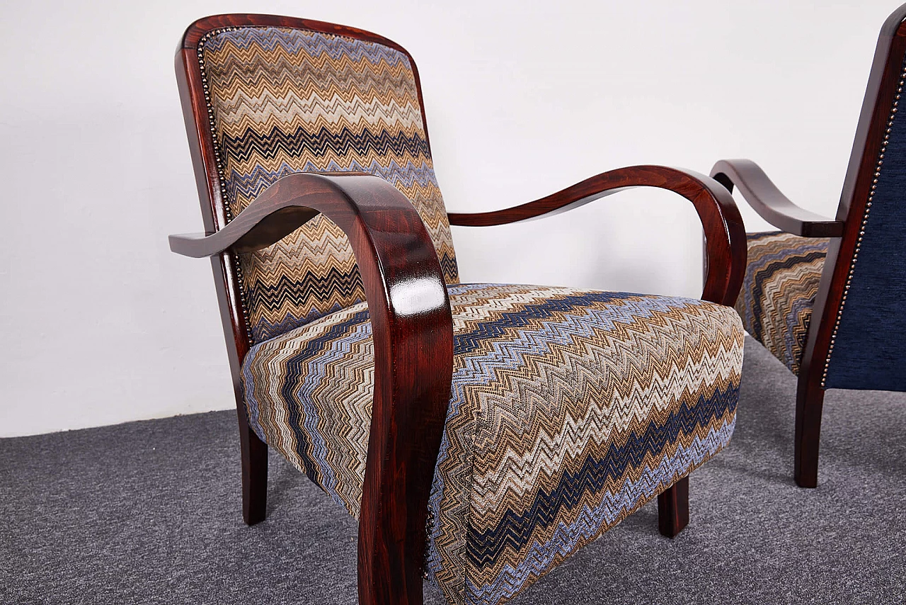 Pair of American walnut and fabric armchairs by Gyula Kaesz, 1930s 15