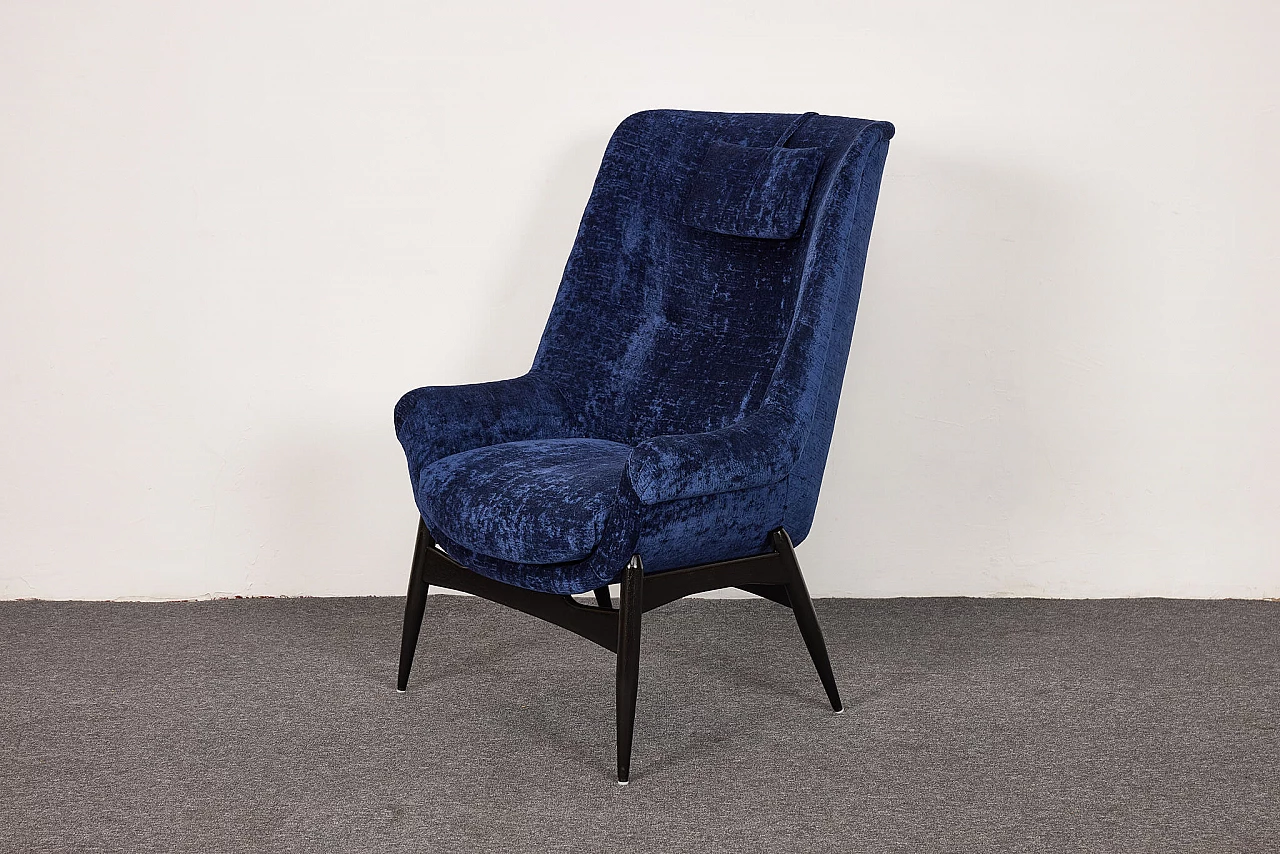 Blue velvet armchair by Júlia Gaubek, 1960s 3