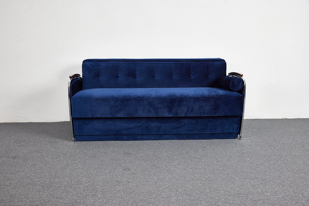 Bauhaus-style blue velvet sofa-bed by József Peresztegi, 1958 2