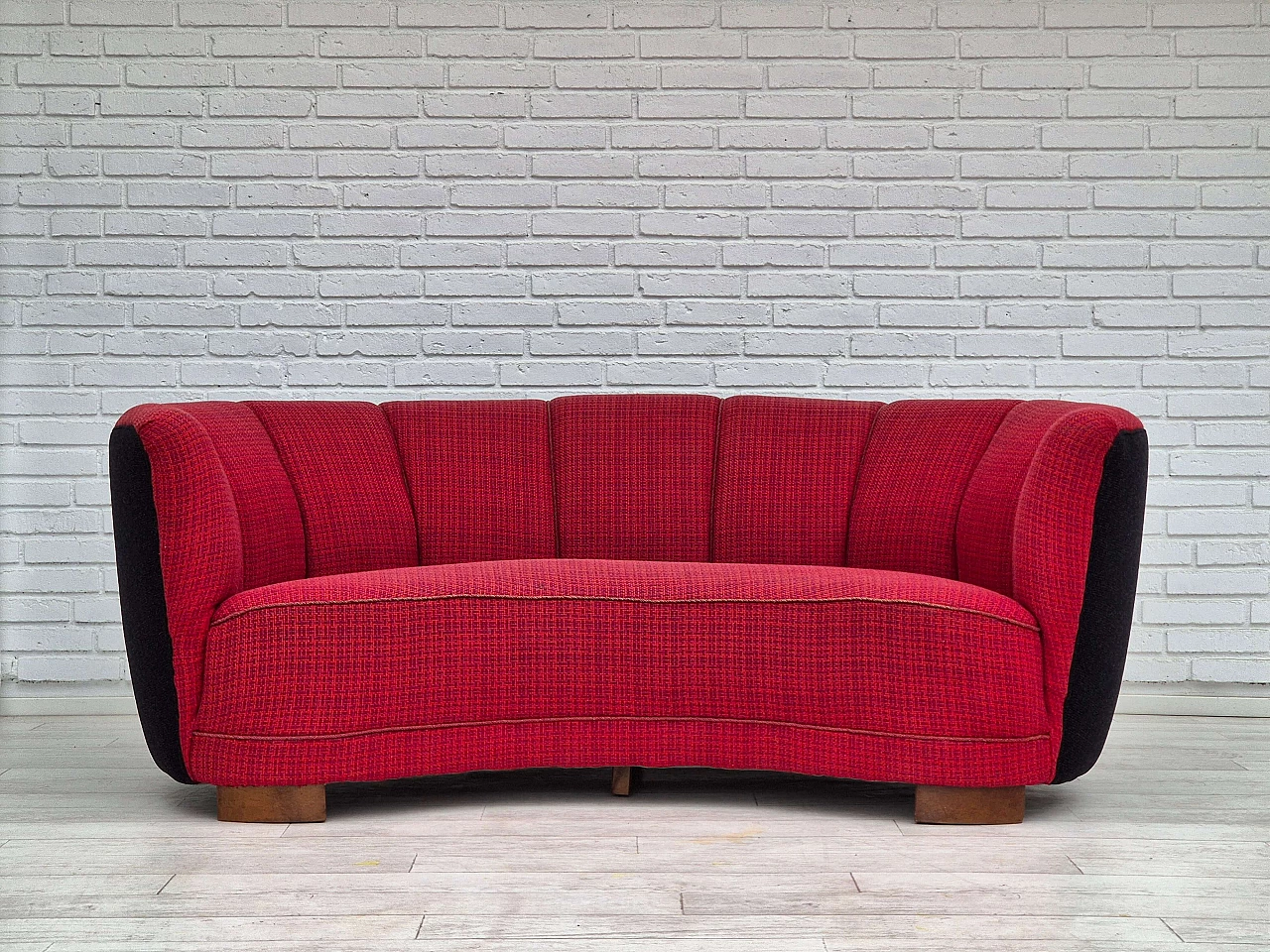 Divano danese Banana a due posti in lana e legno di faggio, anni '60 2