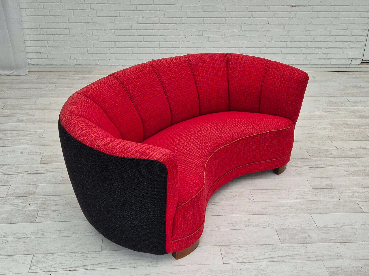 Divano danese Banana a due posti in lana e legno di faggio, anni '60 11