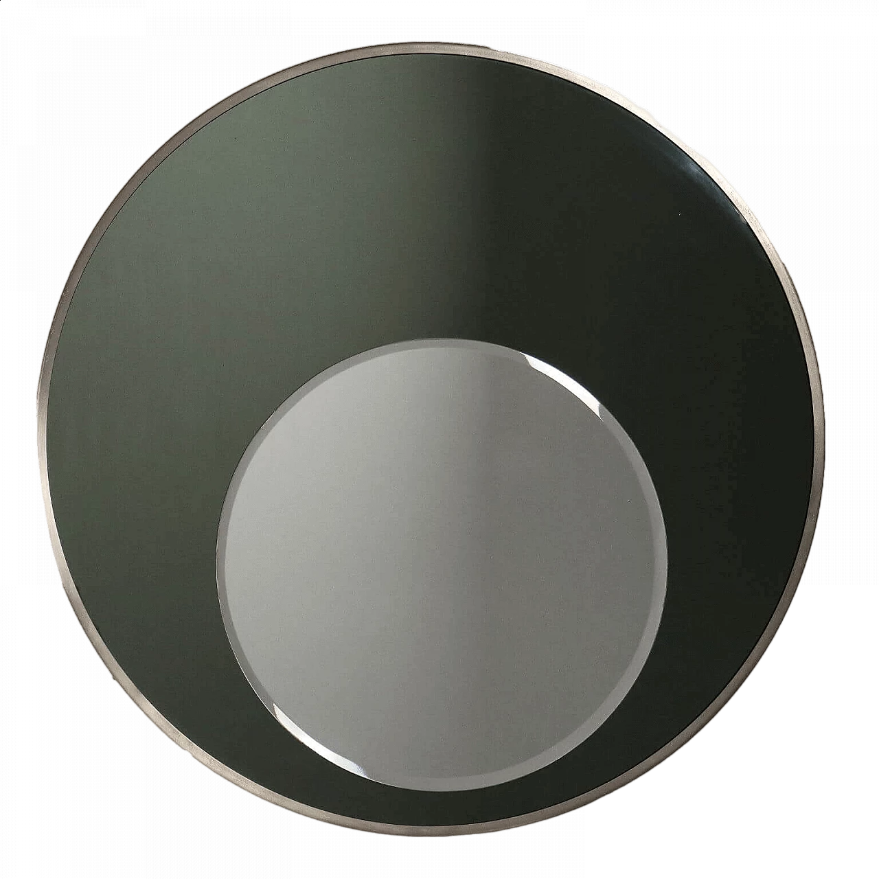 Round smoked and mirrored glass wall mirror, 1970s 9