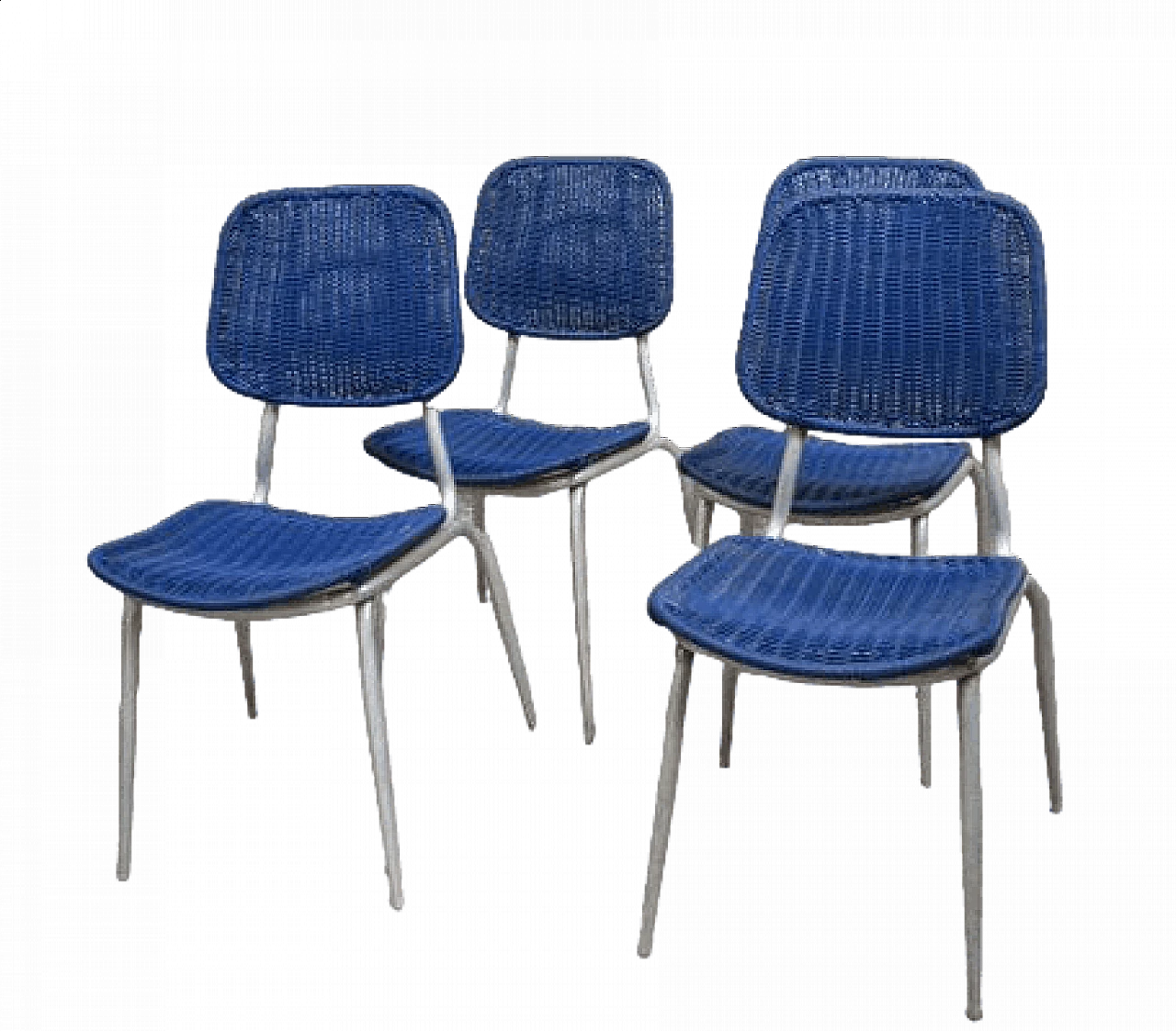 4 aluminum and blue plastic dining chairs, 1950s 8
