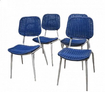 4 aluminum and blue plastic dining chairs, 1950s