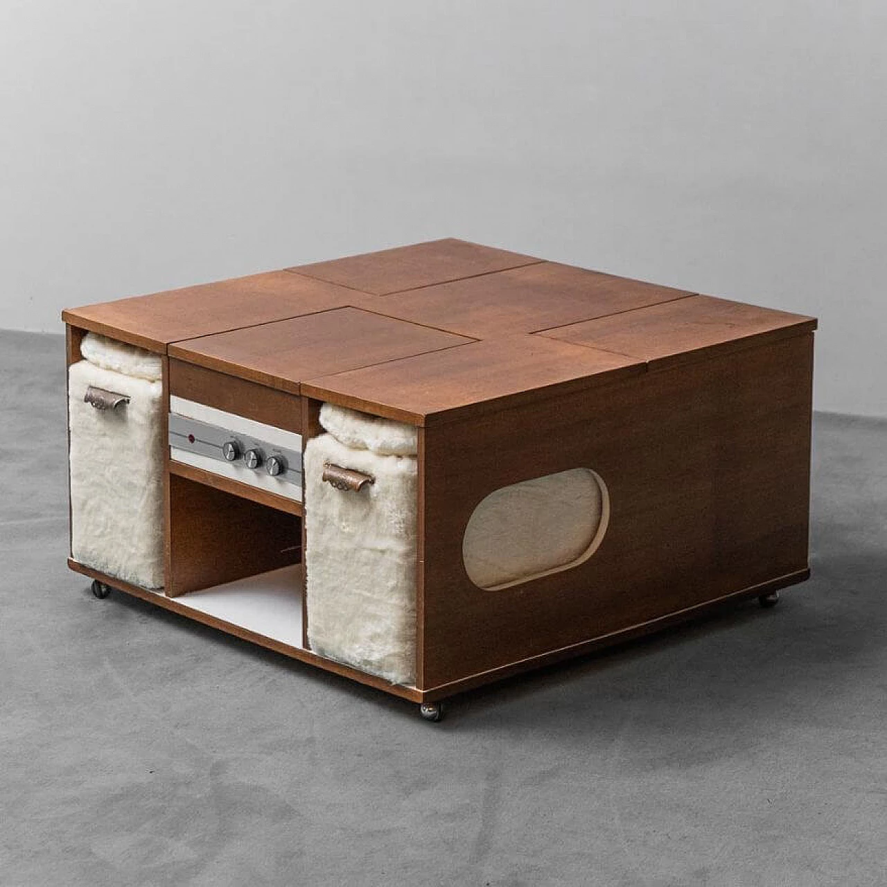 Wooden coffee table with turntable, bottle rack and ottoman, 1970s 1