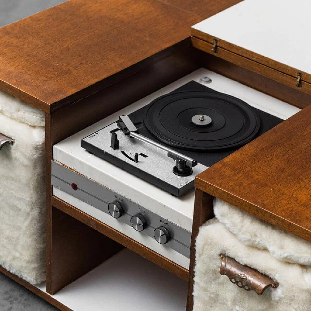 Wooden coffee table with turntable, bottle rack and ottoman, 1970s 4