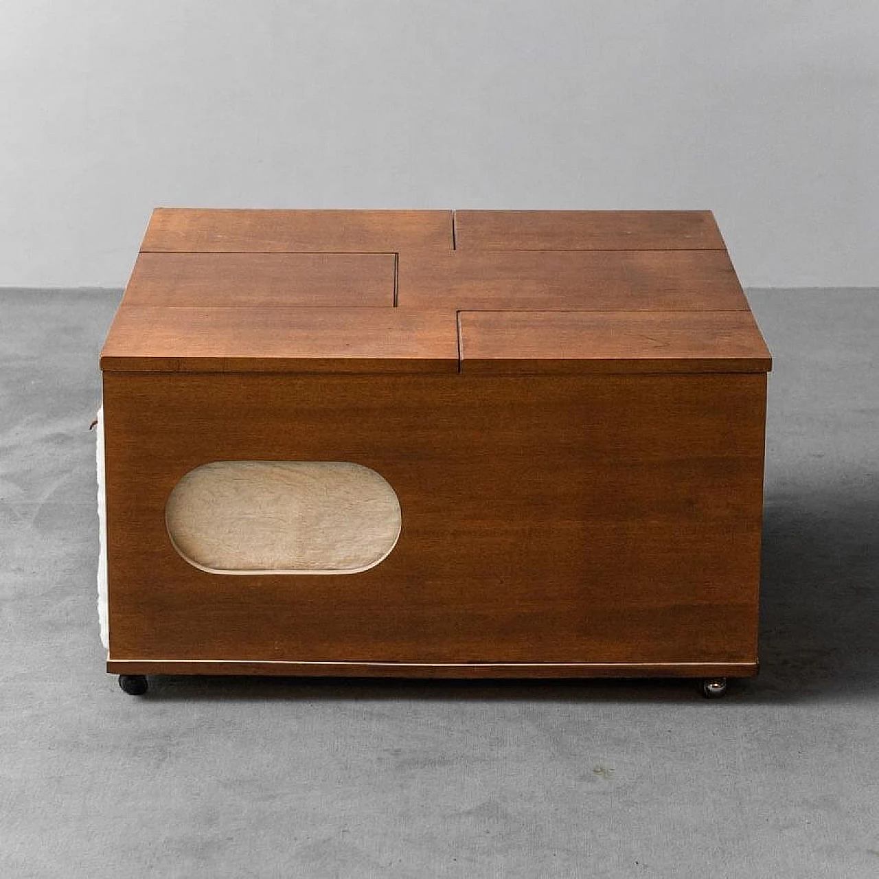 Wooden coffee table with turntable, bottle rack and ottoman, 1970s 11