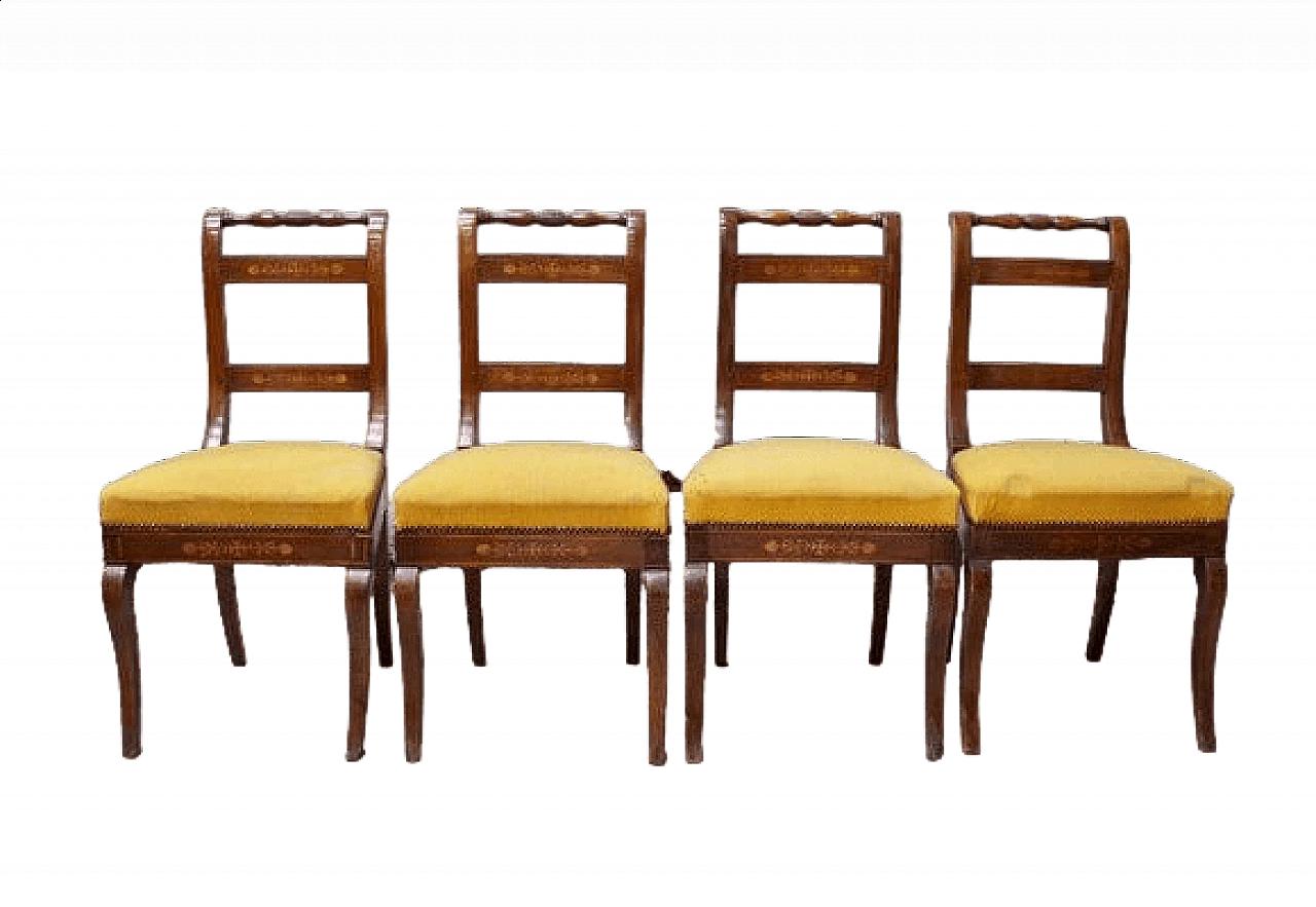 4 wooden chairs with padded seat upholdstered in yellow fabric, 1830s 12