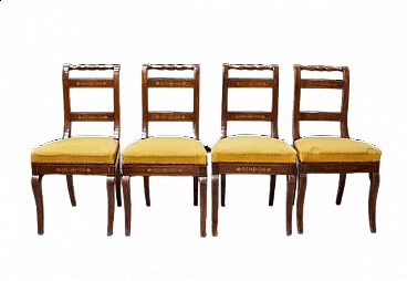 4 wooden chairs with padded seat upholdstered in yellow fabric, 1830s
