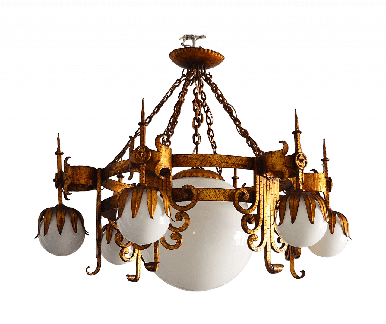 Spanish wrought iron and white opaline glass chandelier, 1950s 12