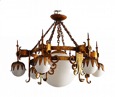 Lampadario spagnolo in ferro battuto e vetro opalino bianco, anni '50