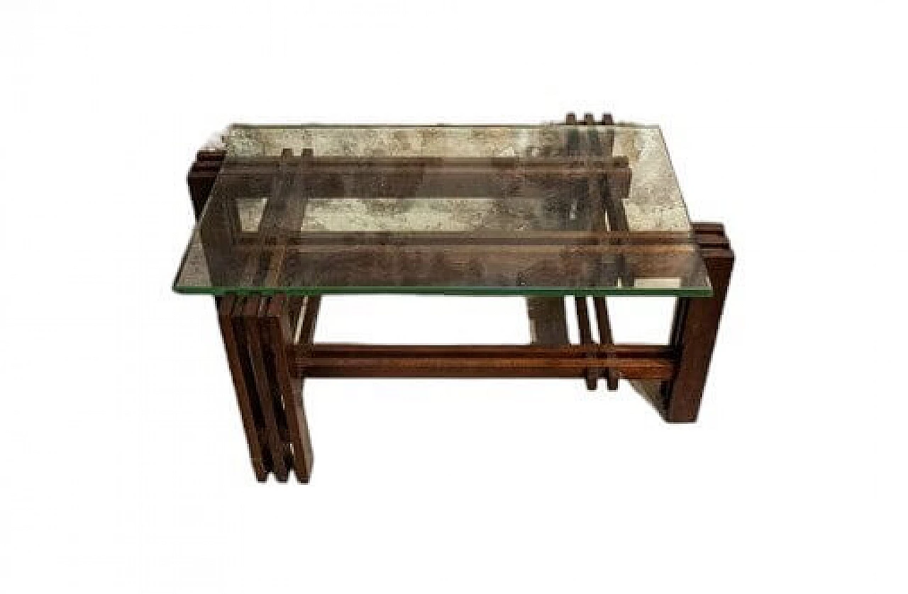 Tavolino con base in legno e ripiano in vetro, anni '50 6