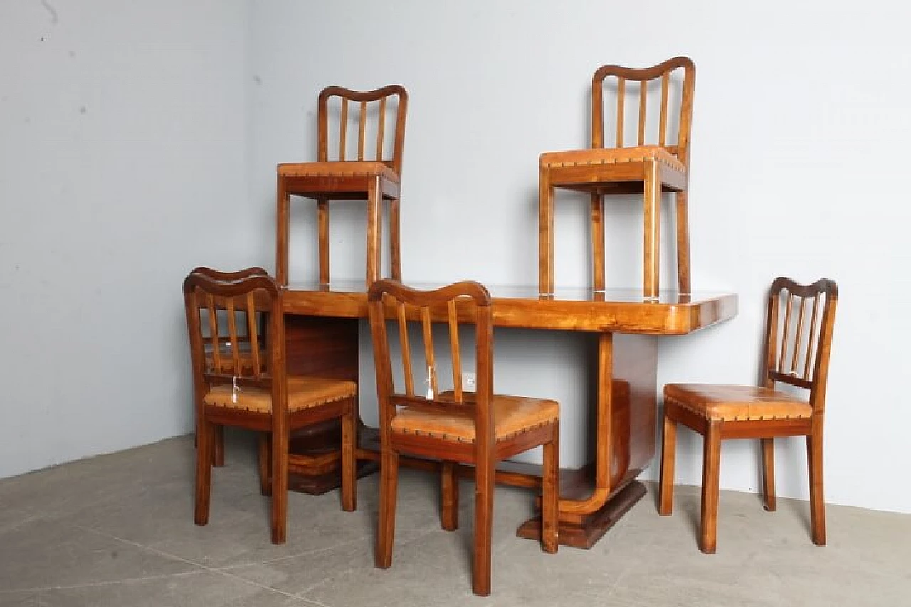 6 Art Deco walnut chairs and table, 1940s 1