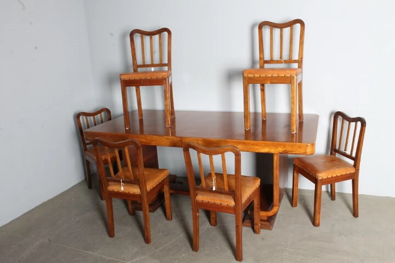 6 Art Deco walnut chairs and table, 1940s 8