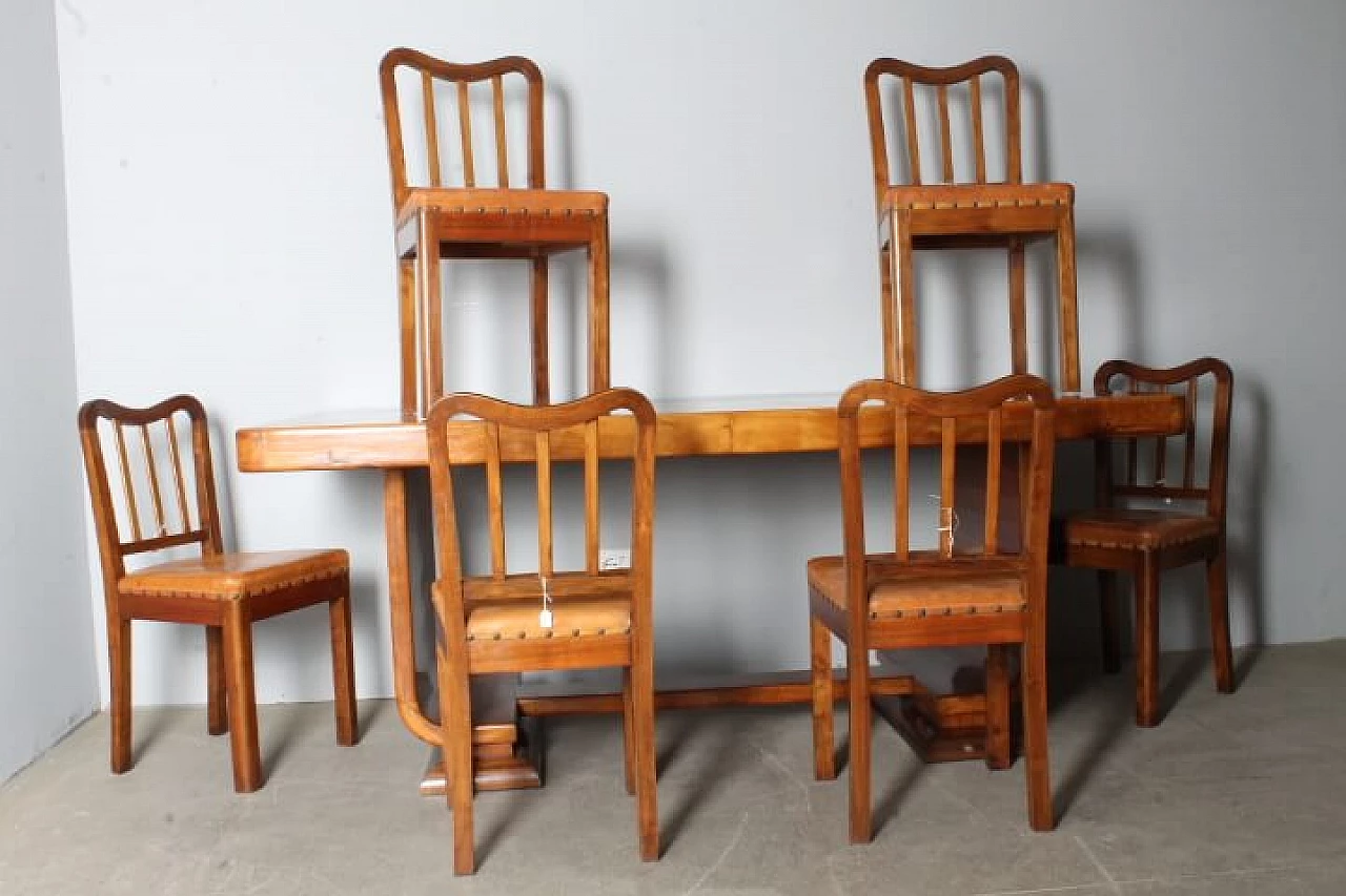 6 Art Deco walnut chairs and table, 1940s 14