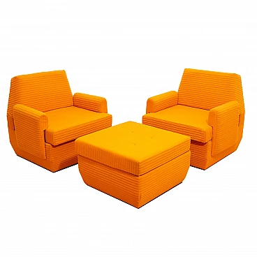 Pair of armchairs and ottoman in orange fabric by Jitona, 1970s